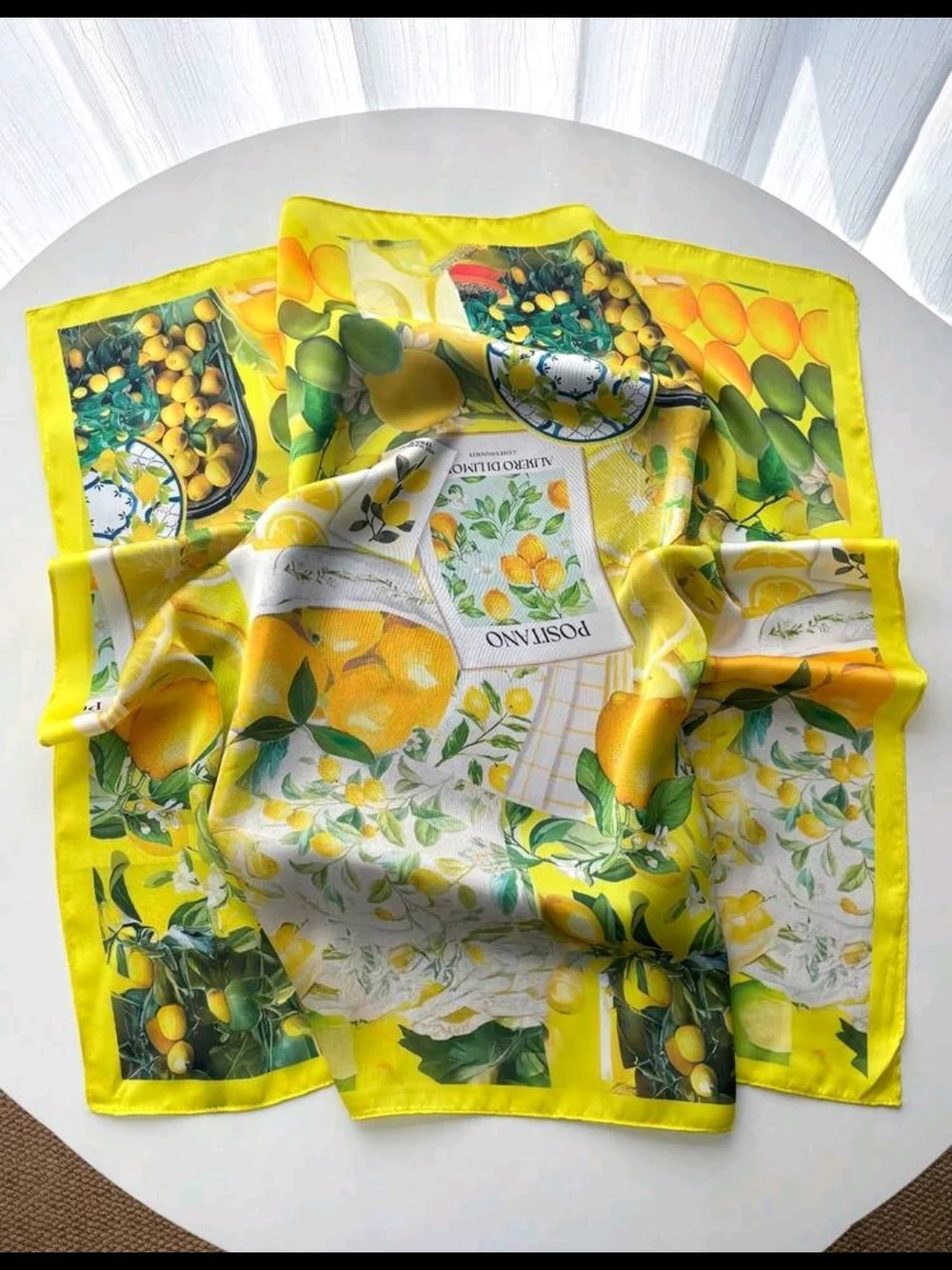 Yellow Lemon-Print Silk-Feel Scarf Elegant